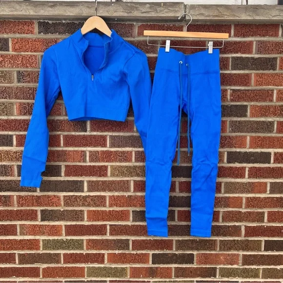 Royal Blue Ribbed High Rise Leggings Cropped Fitted Jacket Yoga Set - Picture 1 of 4